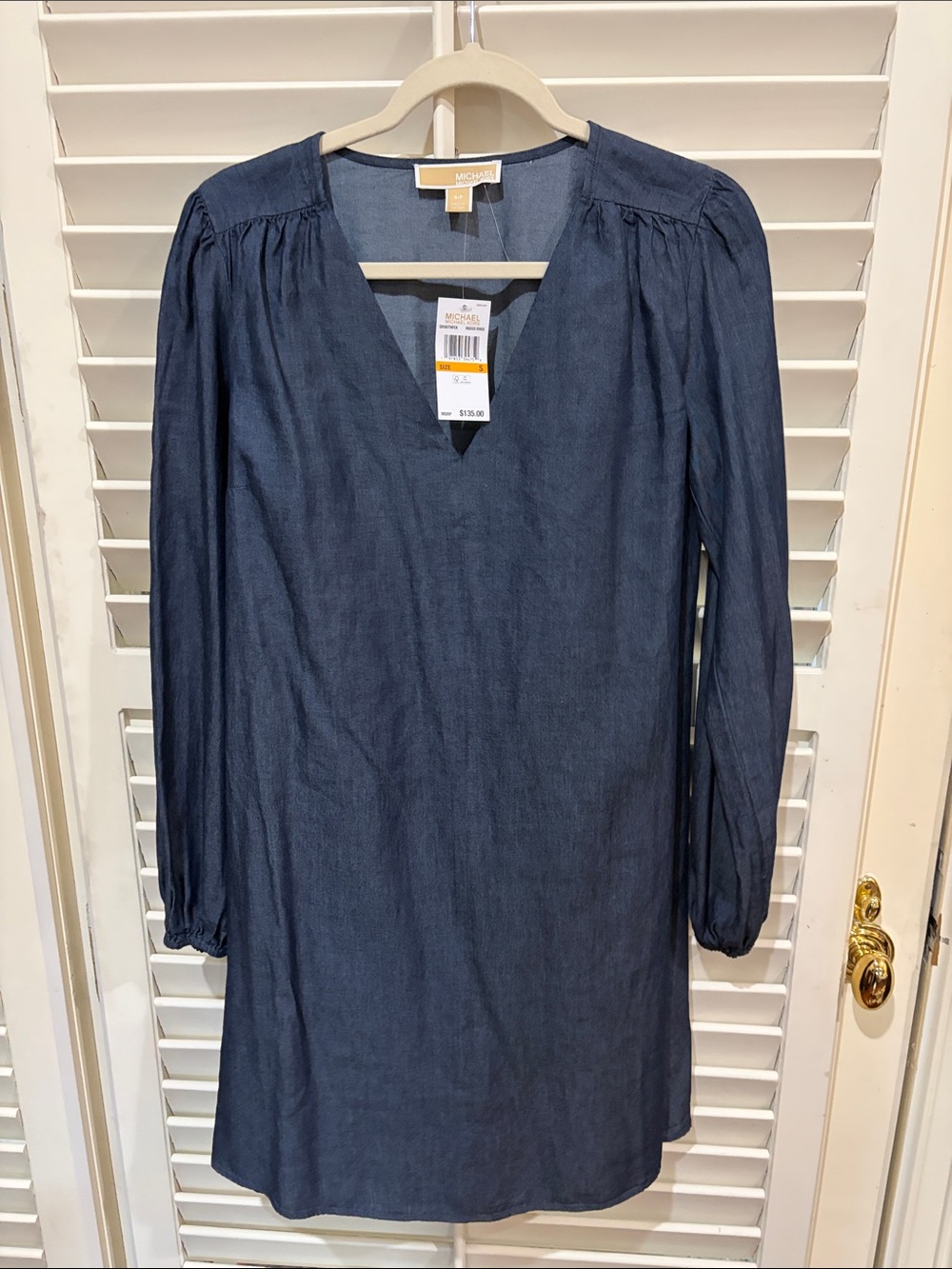 Michael Kors Dark Navy Denim Long-Sleeve V-Neck Shift Dress. Size S/P NWT